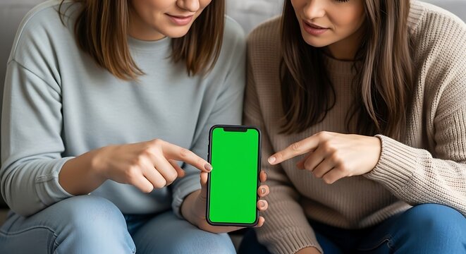Two women pointing at a smartphone with a green screen while sitting indoors on a neutral background