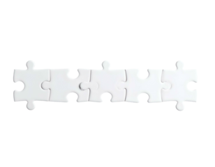 Five white jigsaw puzzle pieces interconnected on a solid black background