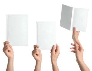 Three hands holding blank white book covers against a black background