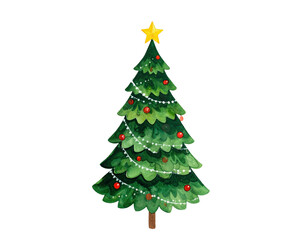 Fototapeta premium Watercolor illustration of a decorated Christmas tree, with a golden star on top