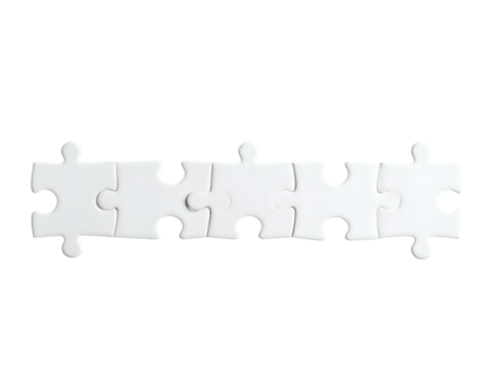 Five white jigsaw puzzle pieces interconnected on a solid black background