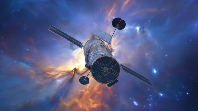 Space telescope depicted against a colorful nebula background