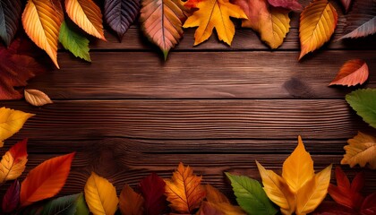 Obraz premium Vibrant Autumn Leaves Create A Beautiful Frame Around A Dark Rustic Wooden Background Perfect For Fall Themed Designs And Seasonal Greetings Cards