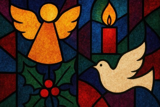 Christmas Peace Stained Glass. Stained glass style art with a Christmas angel, dove of peace, and candles. A colorful and traditional religious holiday scene.