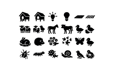 Obraz premium vector solid black filled icons Spring (animals) coop open coop closed light on light off field active field inactive lamb group flock foal colt calf cow duckling pair gosling pair bunny