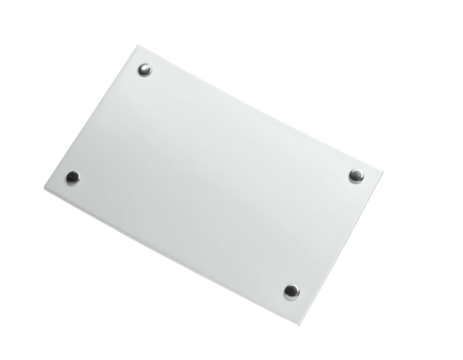 Rectangular polished silver plate with four embedded studs, isolated on a black background