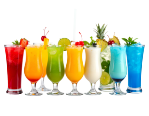 Colorful assortment of tropical cocktails with garnishes, on black backdrop