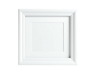 A minimalist white picture frame on a black background, showcasing a square opening
