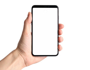 Close-up view of a person's hand holding a modern black smartphone with a blank white screen