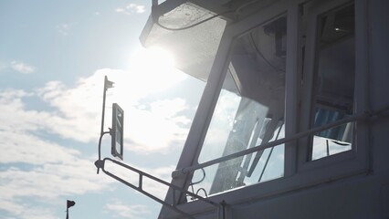 Ship captain bridge sailing on the open sea. Clip © mediawhalelicensing 