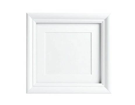 A minimalist white picture frame on a black background, showcasing a square opening