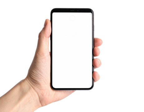 Close-up view of a person's hand holding a modern black smartphone with a blank white screen