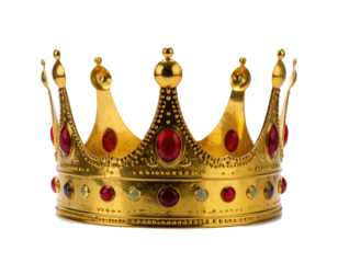 Ornate golden royal crown with red and green jewels, isolated against a black background