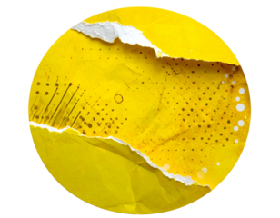 Close-up abstract featuring torn yellow paper with dark spots in a circular frame