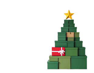 Gift boxes arranged as a Christmas tree with star topper against black background
