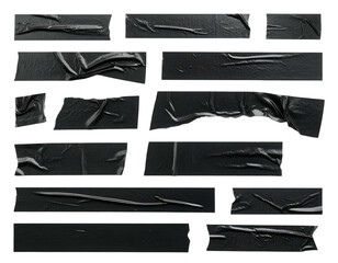 Array of black adhesive tape pieces, arranged on a dark backdrop, various shapes & textures