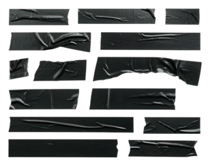 Array of black adhesive tape pieces, arranged on a dark backdrop, various shapes & textures