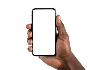 A dark-skinned hand holding a smartphone with a blank white screen