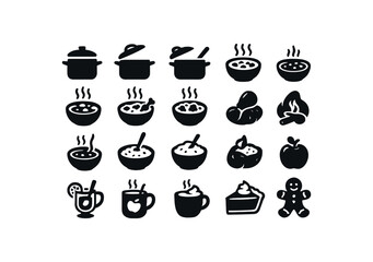vector solid black filled icons Winter (food) pot on pot off lid open lid closed stew active stew inactive hot soup beef stew chicken stew veggie stew lentil stew goulash pot chili bowl