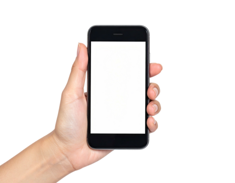 Close-up of a hand holding a modern smartphone with a blank white screen