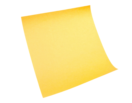 Isolated, slightly curled, yellow-hued sticky note with a subtle gradient against black