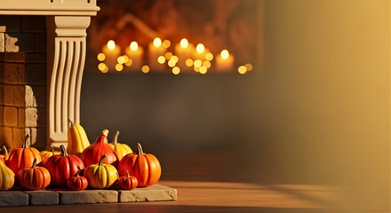Pumpkins and gourds rest beside a fireplace mantel with glowing candles in the background, creating a warm, inviting fall atmosphere for home decor or lifestyle campaigns.