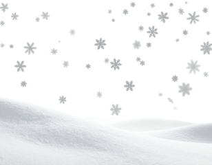 Winter scene with a snow-covered hill and falling snowflakes against a black backdrop
