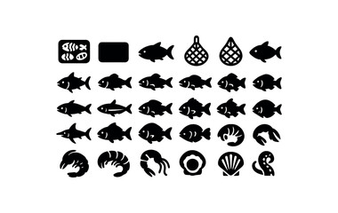 Obraz premium vector solid black filled icons Seafood (medley) tray on tray off net open net closed catch active catch inactive tuna fish salmon fish cod fish haddock fish mackerel fish sardine fish