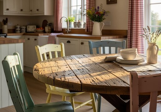 Rustic farmhouse kitchen with a reclaimed wood dining table and colorful chairs in warm sunlight.