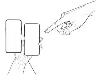 Black and white illustration of two smartphones and a hand pointing at one