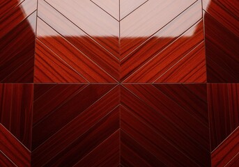 Highly polished dark cherry wood veneer surface showcasing a complex chevron pattern