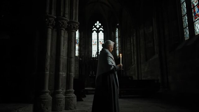 An elderly woman solemnly carries a flickering candle through the dark, historic interior of a church.