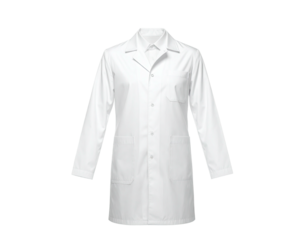 A clean, crisp white lab coat, with long sleeves, and a collar, on a black background