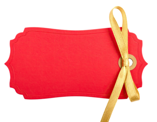 A vibrant red gift tag, scalloped edges, tied with a shimmering golden ribbon, set on a black background