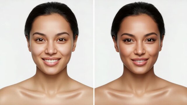 Woman before and after makeup application isolated on white background