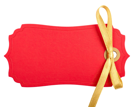 A vibrant red gift tag, scalloped edges, tied with a shimmering golden ribbon, set on a black background