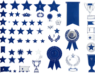 Collection of diverse blue star and ribbon icons, along with trophy and achievement designs