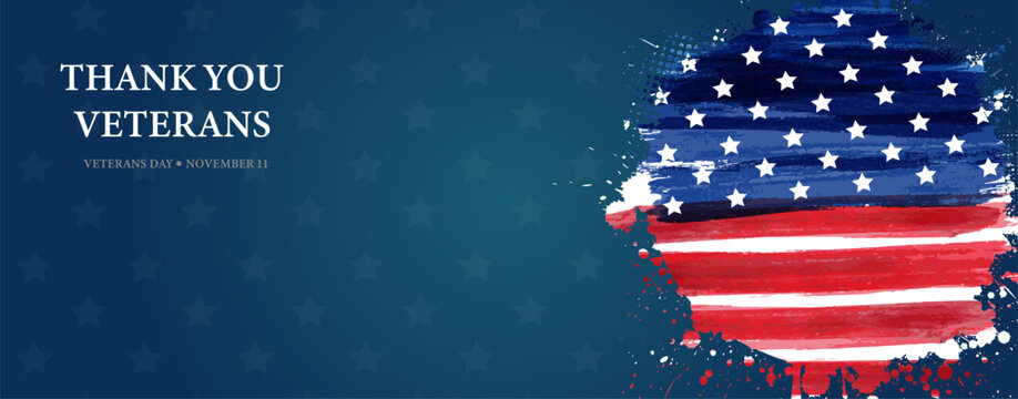 Grunge artistic American flag in round shape with the text 'Thank you veterans' on a blue background, honoring those who served. Veteran's day in USA concept.