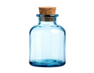 A transparent, light-blue glass bottle with a cork stopper, isolated on a black background