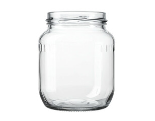 A clear, empty glass container with wide opening and a threaded rim