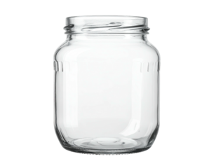 A clear, empty glass container with wide opening and a threaded rim