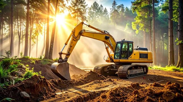 A yellow excavator digs into the earth with the sun shining through the trees in the background.