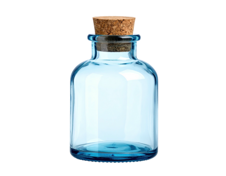 A transparent, light-blue glass bottle with a cork stopper, isolated on a black background