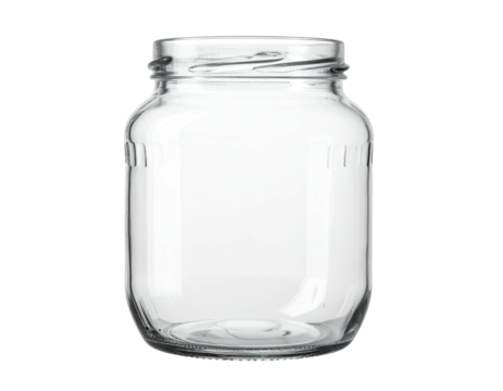 A clear, empty glass container with wide opening and a threaded rim