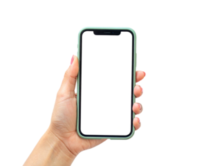 A hand holding a modern smartphone with a blank white screen isolated on a black background