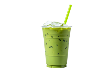 Refreshing chilled beverage in a clear plastic cup with a green straw. It has ice cubes