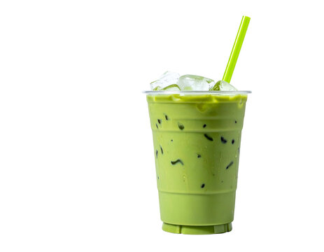 Refreshing chilled beverage in a clear plastic cup with a green straw. It has ice cubes