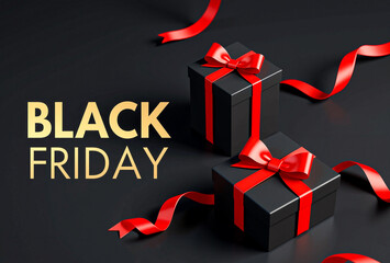 Black Friday Sale with Luxury Black and Red Gift Boxes and Ribbons on Dark Background