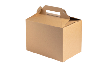 A sturdy, rectangular, corrugated cardboard box with a handle, ideal for carrying items
