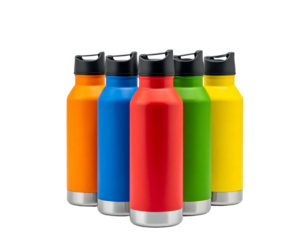 Vibrant collection of insulated water bottles in various solid colors, arranged in a group